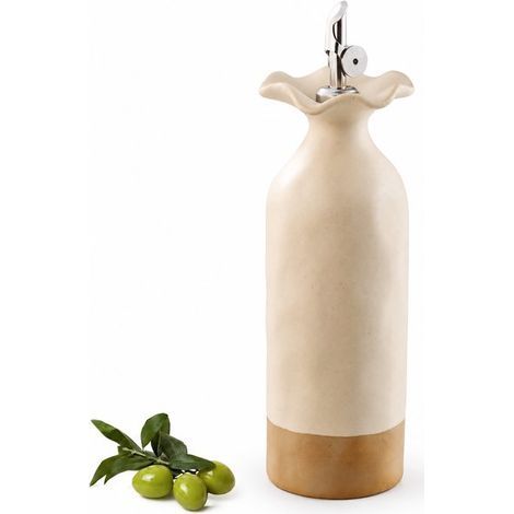Bouteille d'huile d'olive - 600 ml - 8 x 26,5 cm - Huilerie en céramique - Faïence avec bec verseur automatique en acier inoxydable et opaque - Beige (1/5)