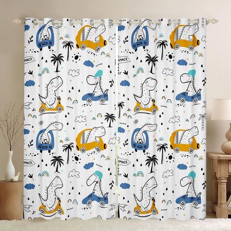 Rideau de voiture dinosaure, bleu jaune dessin animé véhicule imprimé pour filles garçons, mignon dinosaure faune sauvage arc-en-ciel blanc rideaux de traitement de fenêtre pour salon - 137x117cm (HxB (1/5)