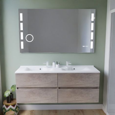 Doppelwaschtisch komplett aus Edelstahl 140 cm ROSINOX + Excellence LED-Spiegel - Holz - Waschtischplatte in (1/5)