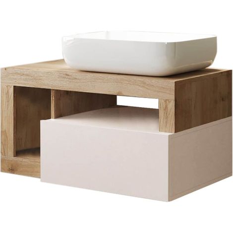 ARTURO - Meuble Vasque 78cm suspendu 1 tiroirs beige laqué et aspect bois finition Cadiz (1/5)