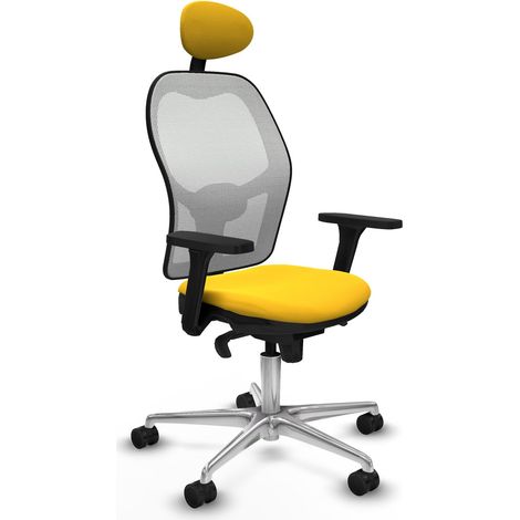 Jorquera sincro malla blanca similpiel amarillo brazos 3D base aluminio cabecero fijo ruedas 65mm nailon (1/5)