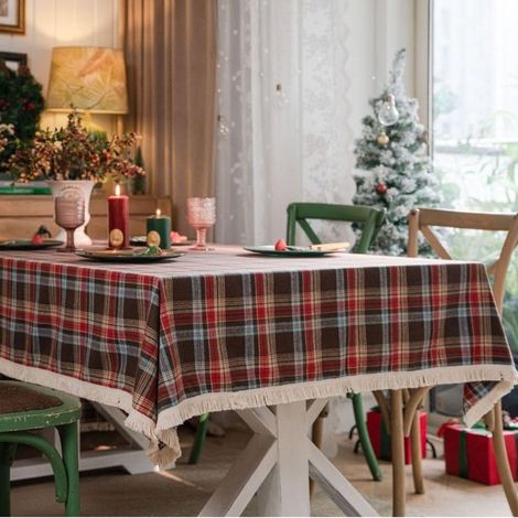 Rechteckige, karierte Tischdecke, niedrige Weihnachtstischdecke mit Quasten zur Dekoration des Küchentisches, Größe: 140 x 200 cm (1/5)