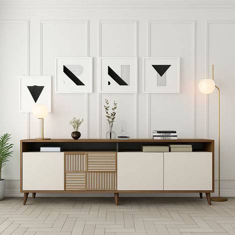 Kommode Benjamin, Sideboard mit 2 Ablagen, 4 Türen, 6 Fächern, 180x35x79h cm in Nussbaum Braun (1/5)