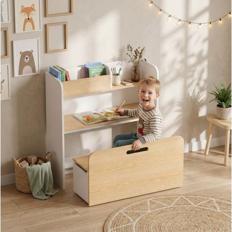 Escritorio infantil 5 en 1 con banco rodante, librería y almacenamiento blanco OKMYHOME (1/5)