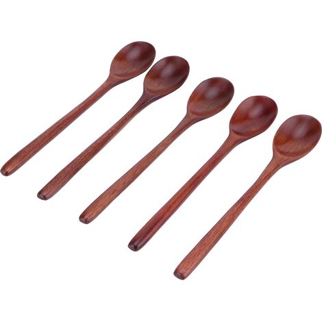 Lot de 5 cuillères en bois à long manche pour soupe, idéales pour barbecue, camping, fêtes et cuisine à la maison. Couleurs disponibles. (1/5)
