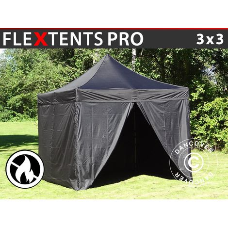 Pop up gazebo FleXtents PRO 3x3 m Black, Flame retardant, incl. 4 sidewalls