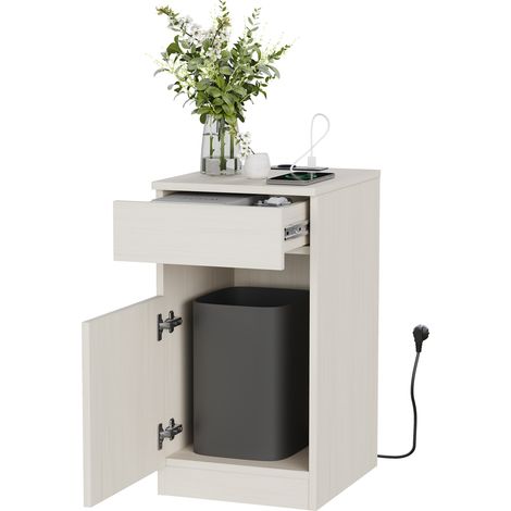 Table de chevet avec station de charge USB-A, USB-C et prise secteur, tiroir, 33 x 40 x 61,5 cm, finition bois clair et blanc pour chambre CHICFURN (1/5)
