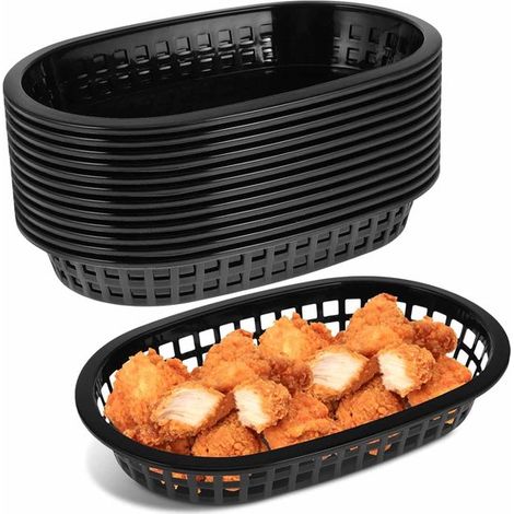 Set di 12 cestini ovali in plastica nera riutilizzabili (23 cm) per snack come hamburger, patatine fritte, hot dog, panini, frutta e dolci. (1/5)