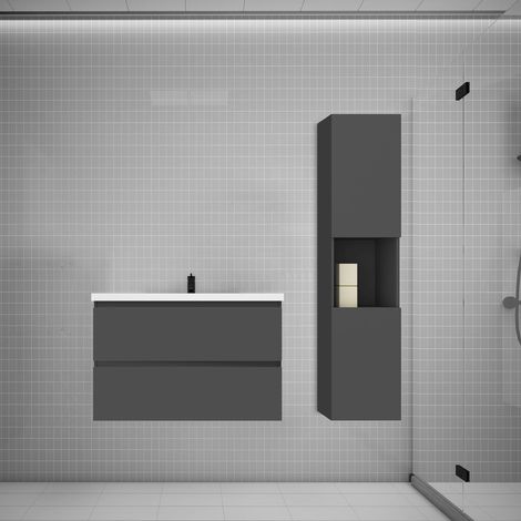 Aica Ensemble meuble vasque L.79cm anthracite 2 tiroirs + lavabo + colonne