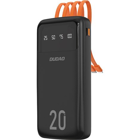 Batería externa K6Pro+ de 20000 mAh con cables USB-C, MicroUSB y Lightning para iPhone integrados - Negro