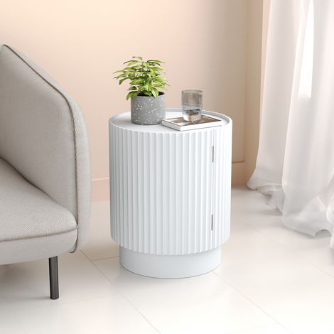 Mesa auxiliar Rill redonda con compartimento cerrado 49xØ40cm Blanco [en.casa]