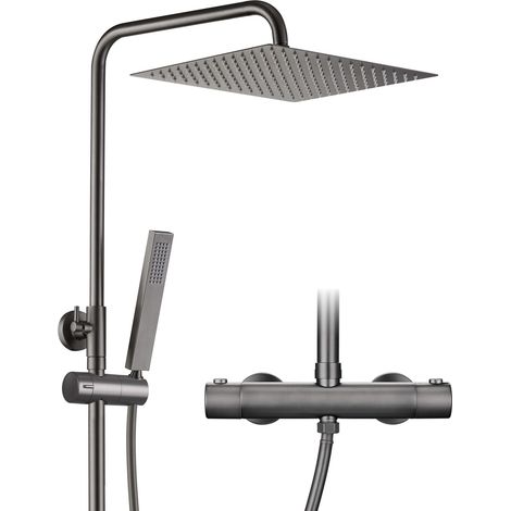 Colonne de douche en acier inoxydable avec mitigeur robinet, Ensemble de douche pluie avec barre de douche réglable en hauteur, pommeau 25x25 cm et thermostatique Gris (1/5)