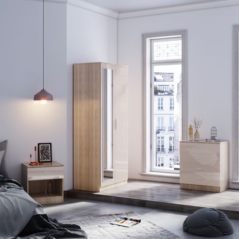 ELEGANT 3 Piece Bedroom Wardrobe with Mirror Furniture Sets, 2 Door Soft Hinge Mirrored Wardrobe, 4 Drawer Chest of Drawers, Beside Cabinet, Cream/Oak (1/5)