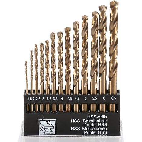 Juego de 13 brocas helicoidales HSS M35 de AIDUCHO, acero de alta velocidad con revestimiento de titanio, extremadamente resistentes al calor, con vástago recto de 1,5 mm a 6,5 mm para taladrar madera (1/5)