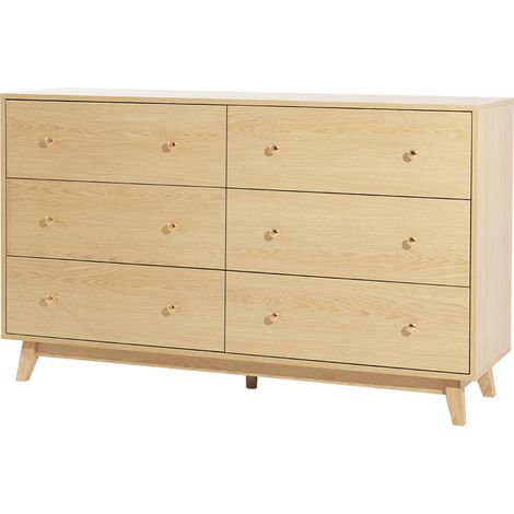 Mophorn Commode à 6 tiroirs en bois, meuble de rangement avec glissières et dispositif anti-basculement, design minimaliste moderne, idéal pour salon, couloir, chambre ou entrée, finition bois clair