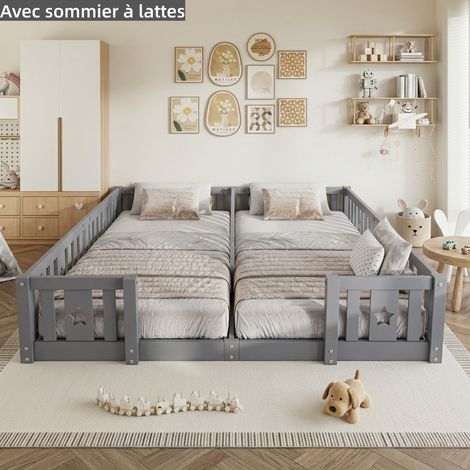Lit enfant 90x200, lit 2 places, lit montessori, lit au sol, avec sommier à lattes, avec barrière centrale et motifs lune/étoiles, pin massif, Gris (1/5)
