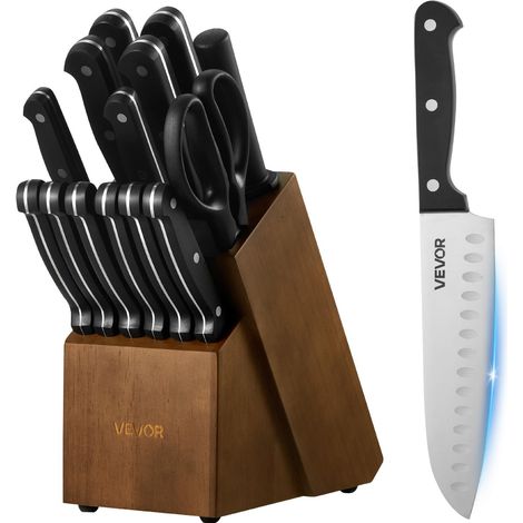 Set Couteaux Cuisine avec Bloc et Aiguiseur 15PCs, Bloc de Couteaux en Inox à Haute Teneur en Carbone, Coutellerie Haute Dureté avec Manche Ergonomique en ABS, pour Cuisinier (1/5)