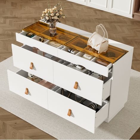 Cassettiera portagioie 120x40x78 cm in legno e vetro bianca, 6 cassetti - MEUBLIV (1/5)