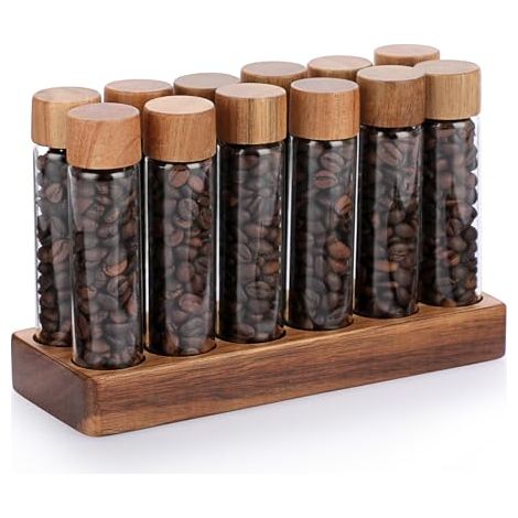 Set di 12 tubi per la conservazione di chicchi di caffè in confezioni monodose, comprensivo di supporto in legno e coperchio, e flaconi dosatori in vetro per la conservazione del caffè. (1/5)