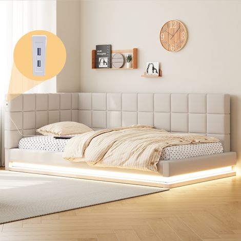 Divano letto per bambini 90x200cm, letto imbottito, con LED, porta USB, rete a doghe, lino, senza materasso, beige (1/5)