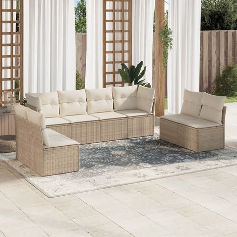 Ensemble Salon Jardin 8 Places Résine Tressée Beige avec Coussins Crème - Modulaire, Lavable, Résistant aux UV (1/3)