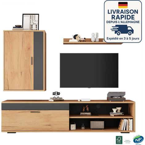 Set di mobili da parete per TV - Mobile TV + Mobiletto da parete + Mensola da parete, Colore legno e nero (1/5)