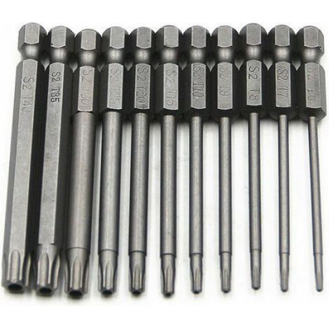 Embouts Torx - 11 Pièces Longueur 100 mm - Tige Hexagonale 1/4 - Magnétiques - Acier Allié S2 - Pour Tournevis et Visseuse Électrique - Lot de 1 (1/4)