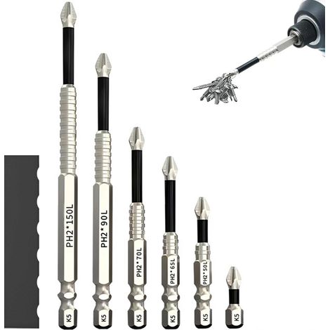 K5 Lot de 6 embouts de tournevis magnétiques résistants aux impacts - Embouts hexagonaux longs - Embouts Phillips - Tige hexagonale 1/4" - Pour visseuse à percussion, perceuse électrique (SetA) (1/5)