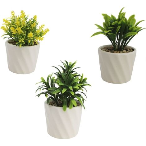 TrAdE Shop Traesio - Set 3pz Vasetto In Ceramica Bianco A Spirale Con Piantina Artificiale Assortita 8cm 164261 - (1/2)