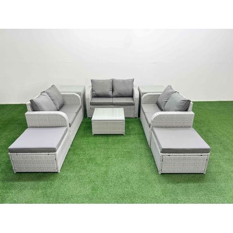 Fimous  8 Seater PE Wicker Rattan Furniture Sofa Sets with Square Coffee Table 2 Seater Love Sofa 2 Big Footstool 2 Side Table Light Grey (1/4)