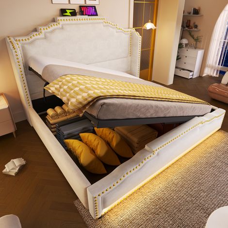Lit rembourré 140x200 avec rangement hydraulique, éclairage LED, port USB-C, sommier à lattes, velours beige, sans matelas (1/5)