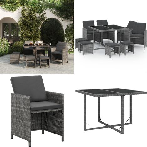 Set Pranzo da Giardino 9 pz con Cuscini in Polyrattan Grigio - Tavolo da pranzo da esterno - Sedie da giardino