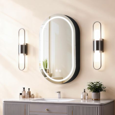 Armoire à pharmacie ovale avec lumière, miroir LED, prise rasoir USB, lumière interne, acier avec revêtement en poudre, charnière à fermeture douce, 40,6 x 71,1 cm (1/5)