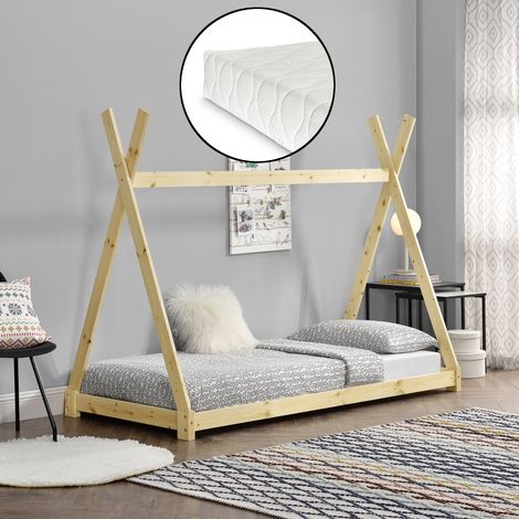 Letto per Bambini con Materasso 90 x 200 cm Tenda Indiana Tipi - color Legno [en.casa] (1/5)