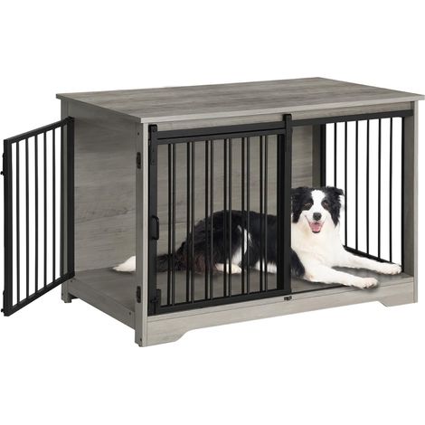 Cage pour chien en bois 100 cm – 2 portes coulissantes – Tubes en acier de 10 mm – Anti-mastication – Dimensions 94L x 55W x 57,4H cm
