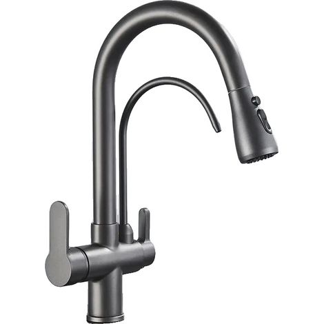 Grifo con caño retráctil, diseño de doble manija, color gris plomo. (1/2)