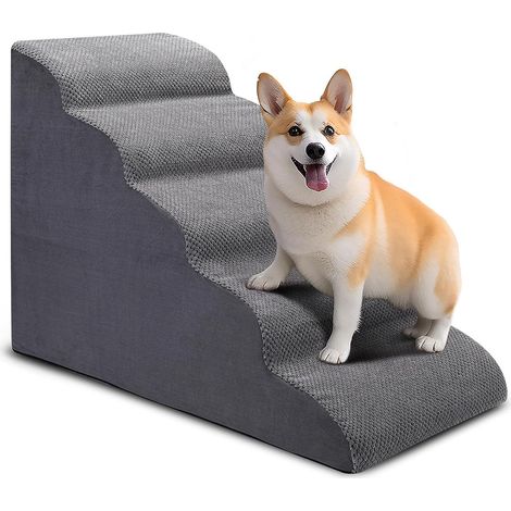Decdeal Hundetreppe für hohe Betten, 5-Stufen-Stufen, gebogenes Haustierbett für kleine Hunde und Katzen, rutschfeste, ausgewogene Kletterstufe (1/5)