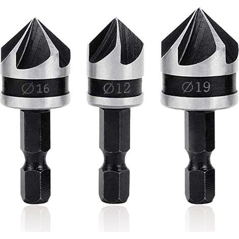 90°-Fasen-Set: 5-schneidiger Holzfräser mit 12 mm, 16 mm und 19 mm Sechskantschaft. (1/5)