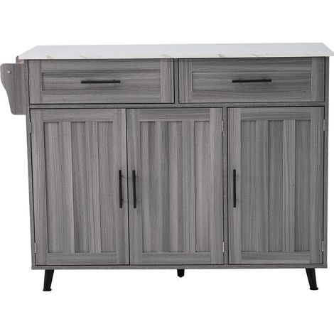 Chariot de salle à manger / buffet 129x46(71)x91.5(95) cm, plateau en marbre blanc et caisson effet bois gris kaki, plateau extensible, porte de rangement, roulettes, pieds en bois massif interchangea (1/5)