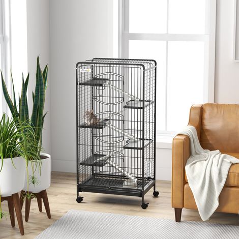 Cage Rongeurs Niveaux Roues Plateformes Amovibles Distributeur Buveur Animaux Compagnie Noir 61,5x44x131cm