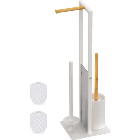 Serviteur WC, Non Fixe, Porte-Rouleau, mélange de matériaux, H x L x P : 65 x 21 x 18 cm, Blanc et Nature (1/5)