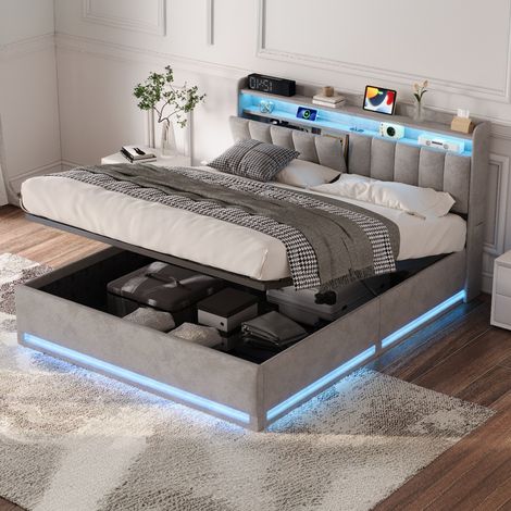 Letto 140x190 con rete a doghe, letto contenitore 140x190, letto matrimoniale, cassetti e vani portaoggetti estensibili, ricarica USB e Type-C, LED orientabile, velluto grigio