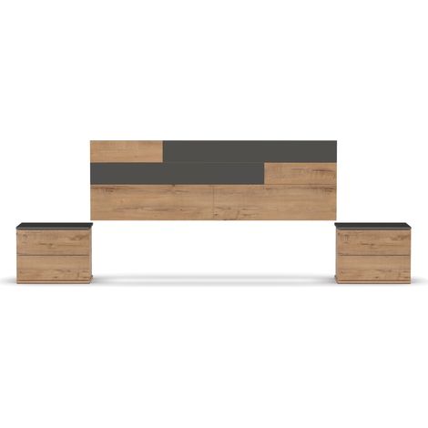 Pegane – Ensemble 2 tables de chevet avec tête de lit chêne doré/gris – 2 tiroirs – Panneaux de particules haute densité – Dimensions 105x212x36 cm (1/2)
