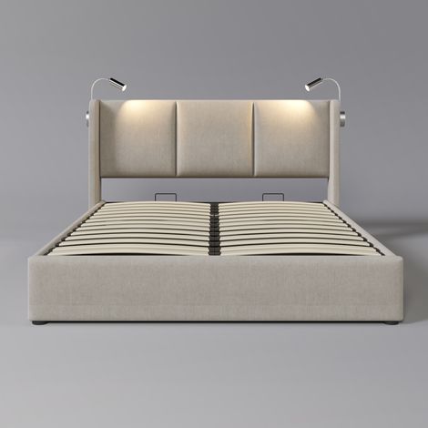 Lit double 160x200 en lin avec coffre de rangement, tête de lit lumineuse avec port USB, sommier inclus, sans matelas, cadre de lit à rangement pour adolescent (1/5)