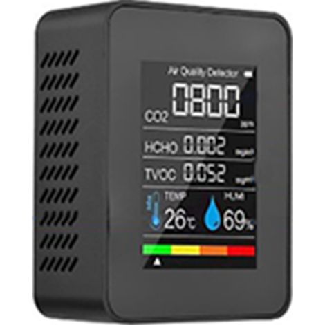 Formaldehyd-Detektor, TVOC-, CO₂- und PM2,5-Sensor, 5-in-1-Luftqualitätsmessgerät mit Temperatur- und Feuchtigkeitsmessung, Schwarz (1/5)