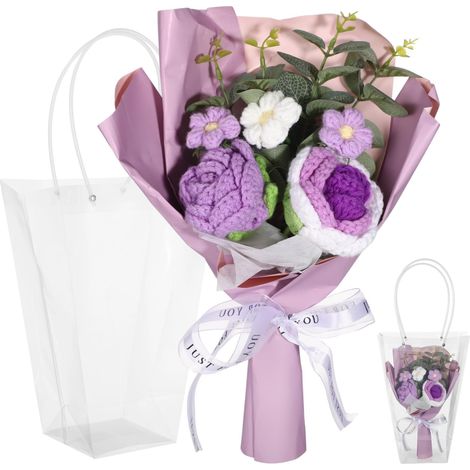 Bouquet de fleurs en crochet tricoté à la main, bouquet de roses et marguerites tulipes artificielles en coton doux, décoration d'intérieur, cadeau pour anniversaire, mariage, fête des mères (1/5)