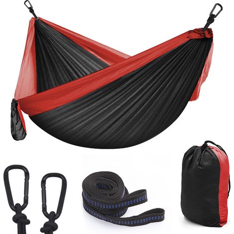 Hamac d'extérieur de Camping, 300 x 200cm Ultra léger Hamac de Camping, hamac de Jardin Portant 300kg, Hamac de Voyage avec 2 x Mousquetons, 2 x Sangles de Nylon pour Voyage Jardin - rouge