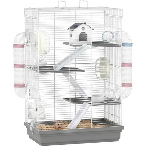Cage hamster 4 niveaux 16 tubes accessoires complets métal plastique, 47x30x70 cm, grise (1/5)