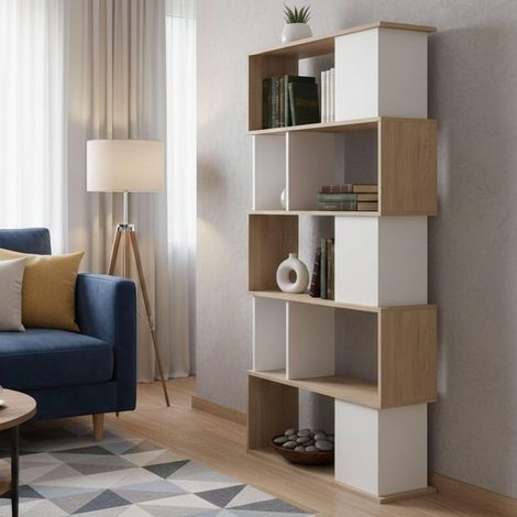 Bibliothèque Etagère de Bureau Porte-Livre Mobile Librairie 80x30 h174 cm Chêne Clair et Blanc (1/5)
