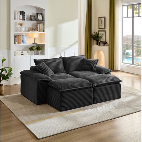 Sofá compacto de 2 plazas de 206x158x66 cm con otomana, espuma de alta resiliencia y muelles, pana - negro (1/5)